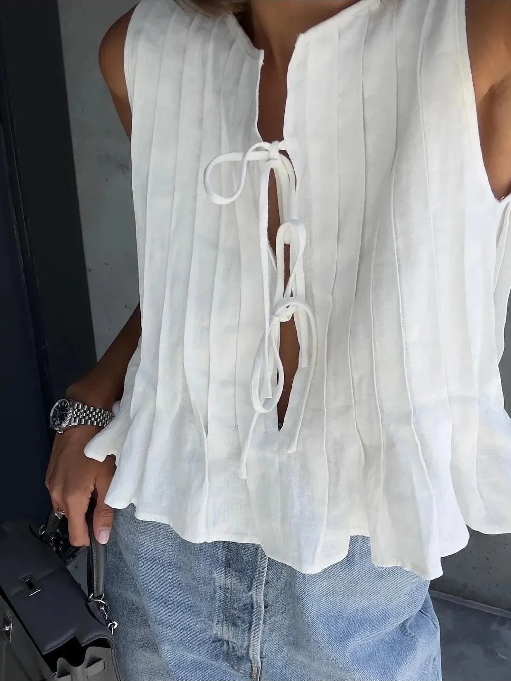 Sleeveless White Pleated Tie-Front Camisole